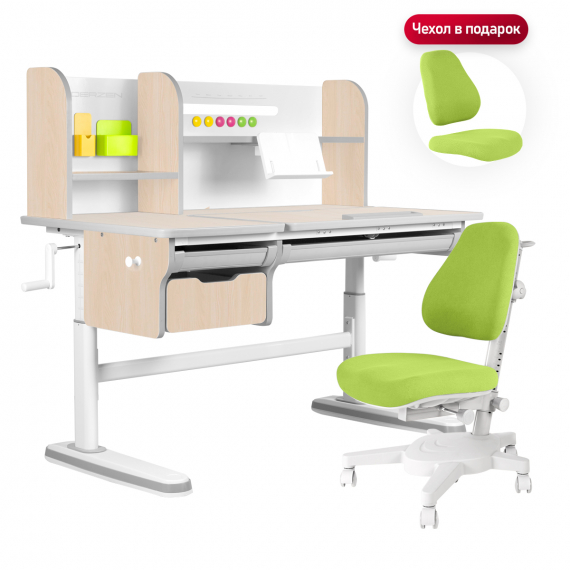 Комплект Kinderzen Dali Plus парта + кресло + надстройка + выдвижной ящик + органайзер + подставка для книг клен/серый с зеленым креслом Armata