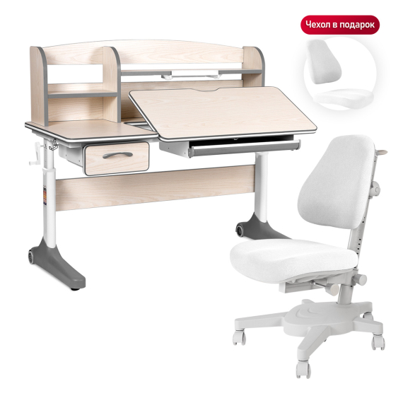 Комплект Anatomica Uniqa парта + кресло + надстройка + подставка для книг клен/серый с белым креслом Armata